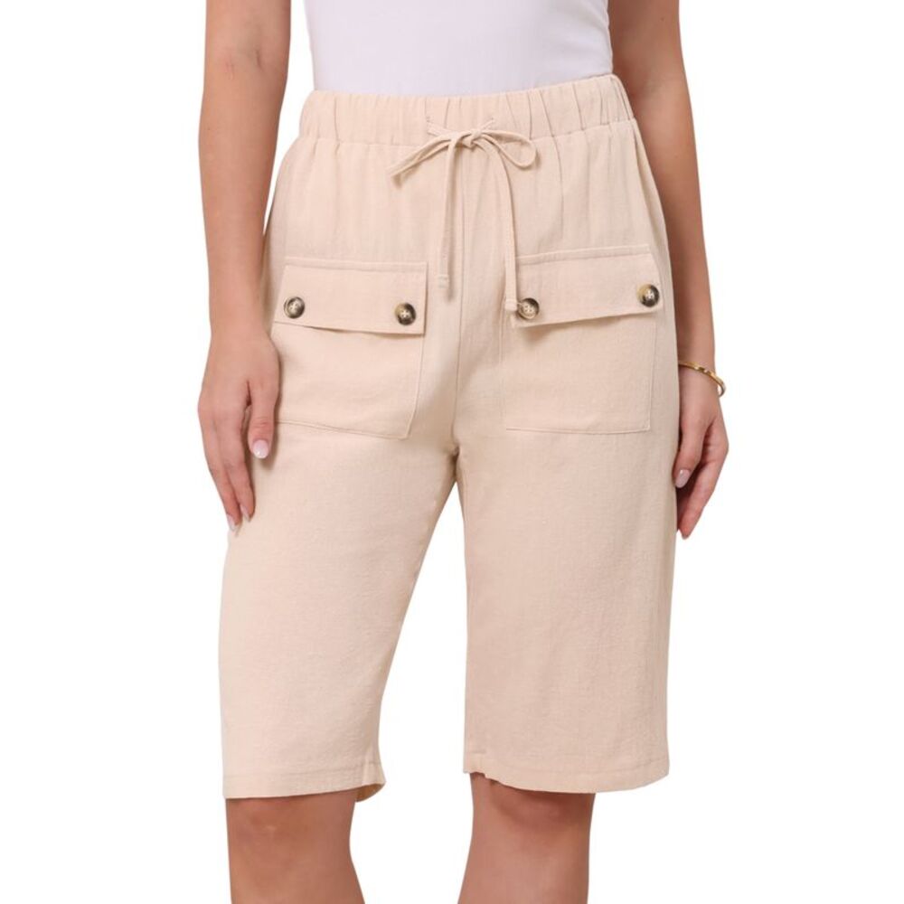Women Casual Keen Length Elastic Waist Drawstring Pockets Shorts Apricot